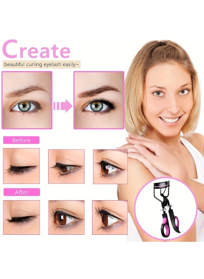 KHAJUL 11 in 1 Eyelash Curler Kit, Stainless Steel Professional Eyelash Curler with 10 Silicone Refill Pads, Black and Hot Pink Dual-Color Design for Pain-Free Curls, Complete Travel Makeup Tools Set for Women - Image 2